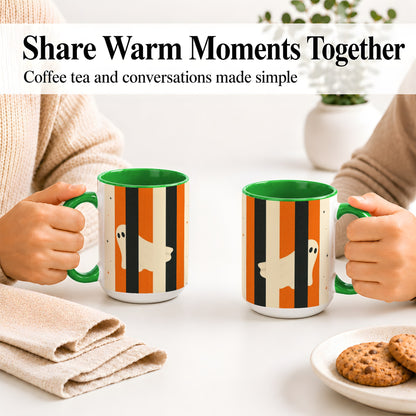 #pl[15oz|Green] Retro Ghost Stripe Ceramic Mug, Orange Black Halloween Artwork