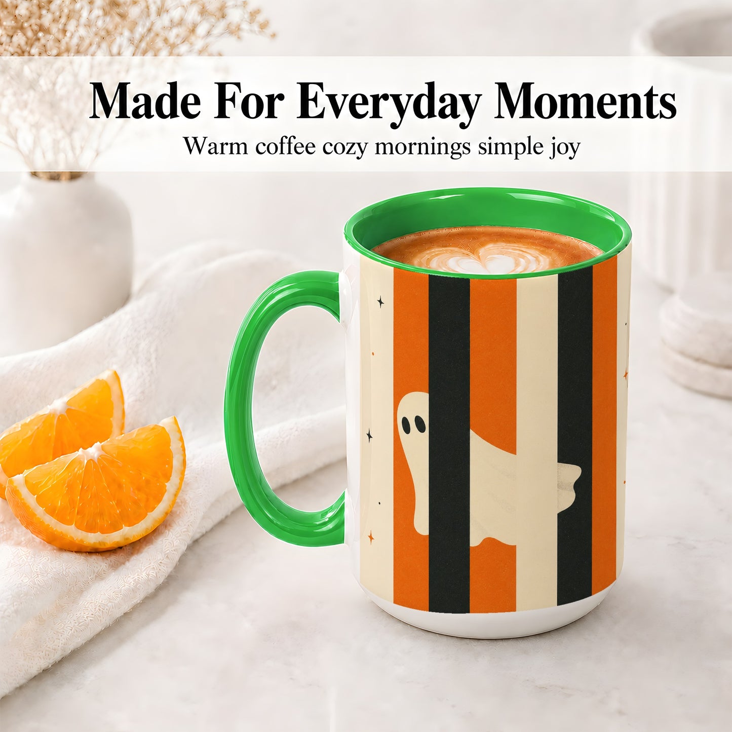 #pl[15oz|Green] Retro Ghost Stripe Ceramic Mug, Orange Black Halloween Artwork
