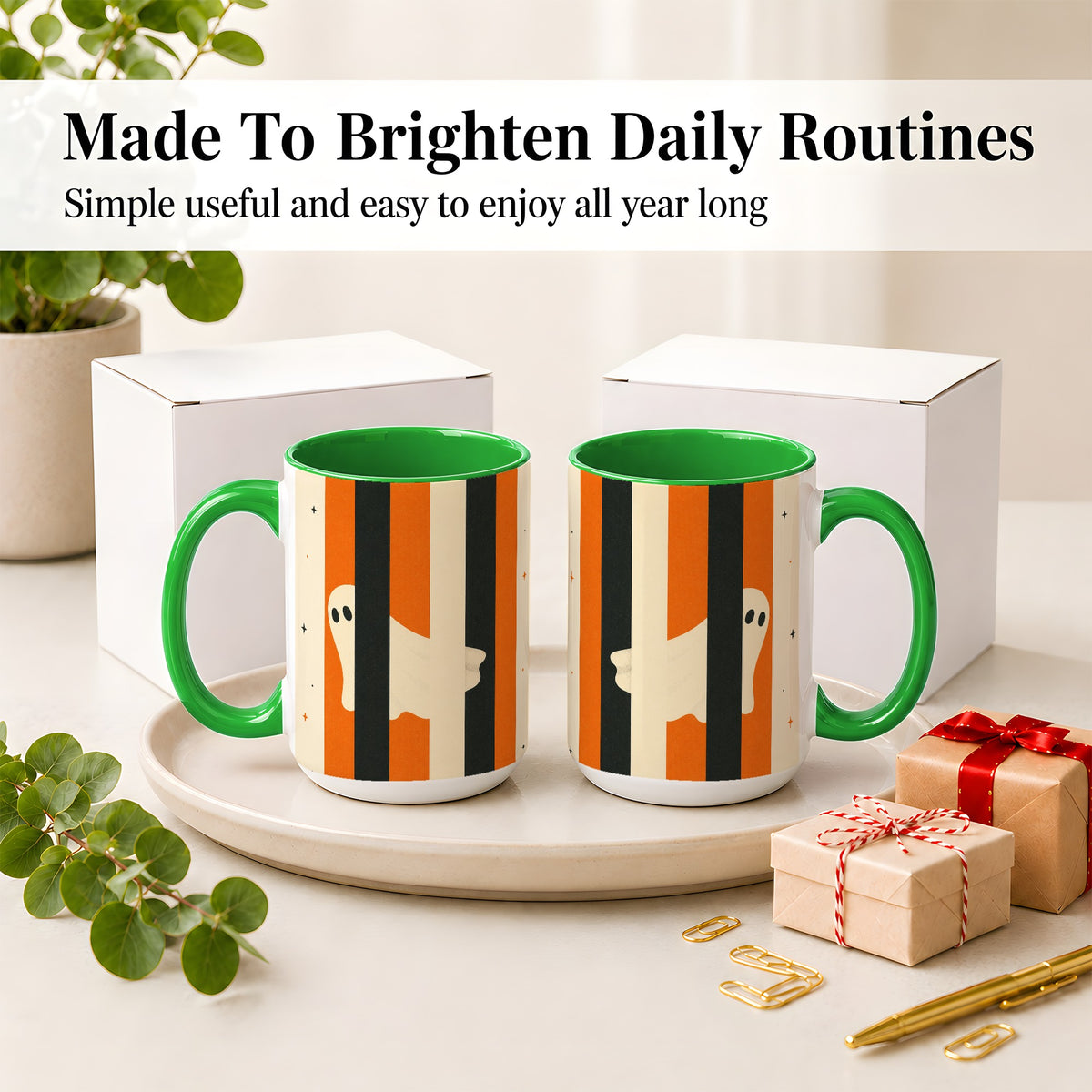 #pl[15oz|Green] Retro Ghost Stripe Ceramic Mug, Orange Black Halloween Artwork