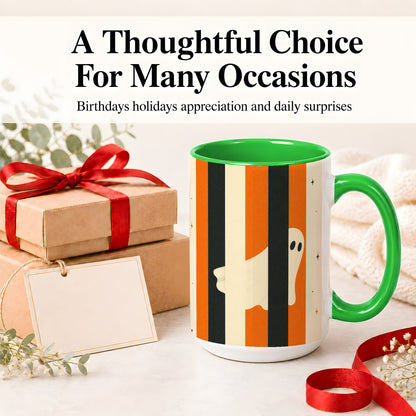 #pl[15oz|Green] Retro Ghost Stripe Ceramic Mug, Orange Black Halloween Artwork