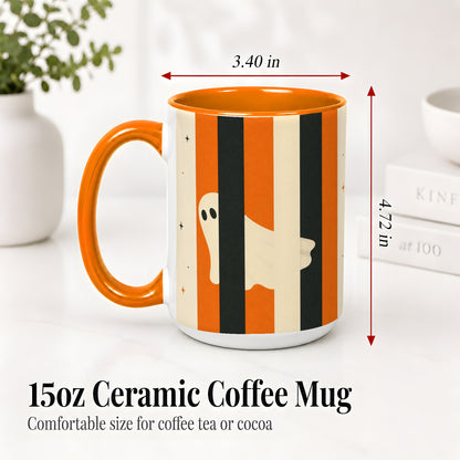 #pl[15oz|Orange] Retro Ghost Stripe Ceramic Mug, Orange Black Halloween Artwork