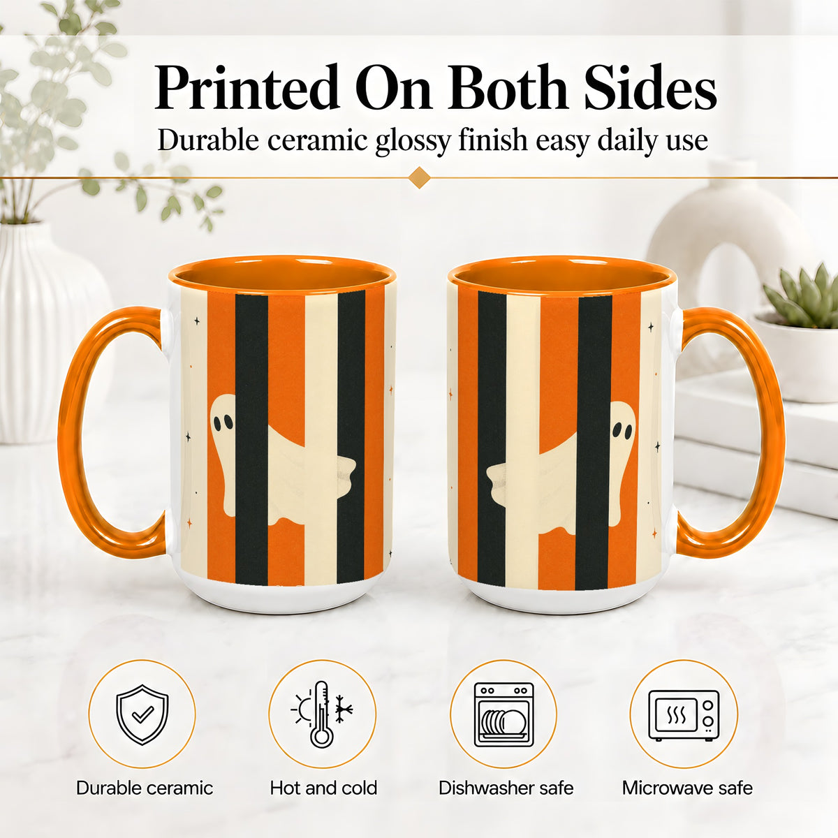 #pl[15oz|Orange] Retro Ghost Stripe Ceramic Mug, Orange Black Halloween Artwork