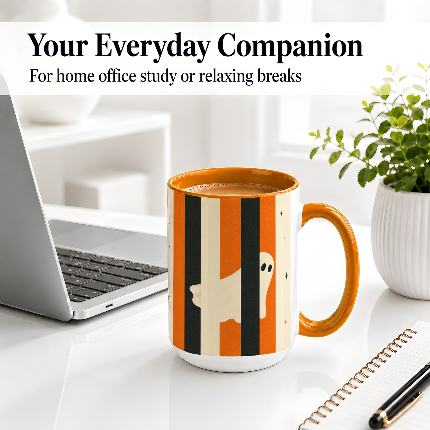 #pl[15oz|Orange] Retro Ghost Stripe Ceramic Mug, Orange Black Halloween Artwork