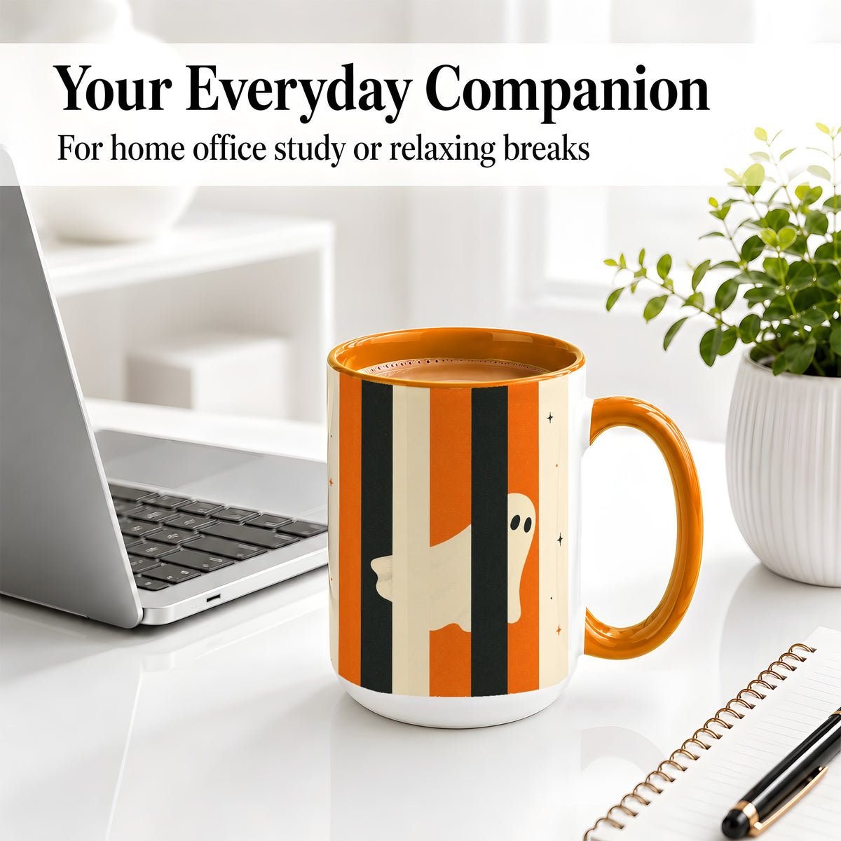 #pl[15oz|Orange] Retro Ghost Stripe Ceramic Mug, Orange Black Halloween Artwork