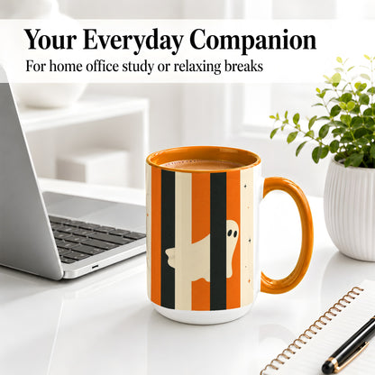#pl[15oz|Orange] Retro Ghost Stripe Ceramic Mug, Orange Black Halloween Artwork