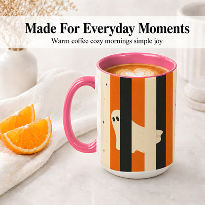 #pl[15oz|Pink] Retro Ghost Stripe Ceramic Mug, Orange Black Halloween Artwork