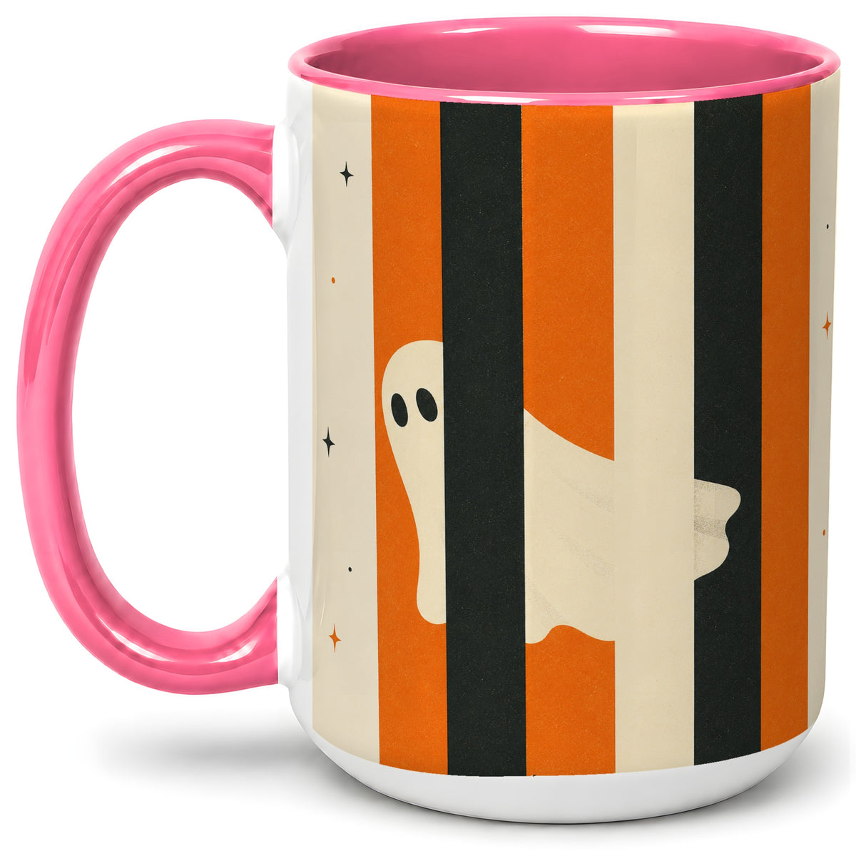 #pl[15oz|Pink] Retro Ghost Stripe Ceramic Mug, Orange Black Halloween Artwork