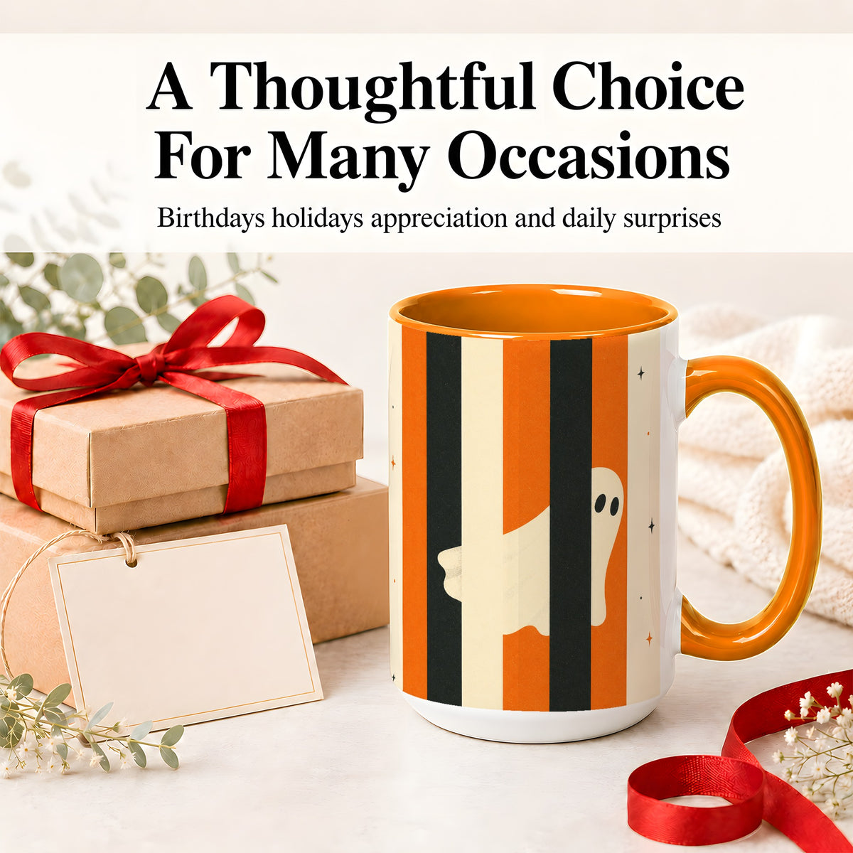 #pl[15oz|Orange] Retro Ghost Stripe Ceramic Mug, Orange Black Halloween Artwork