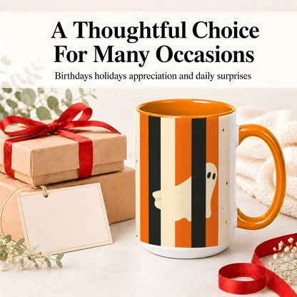 #pl[15oz|Orange] Retro Ghost Stripe Ceramic Mug, Orange Black Halloween Artwork