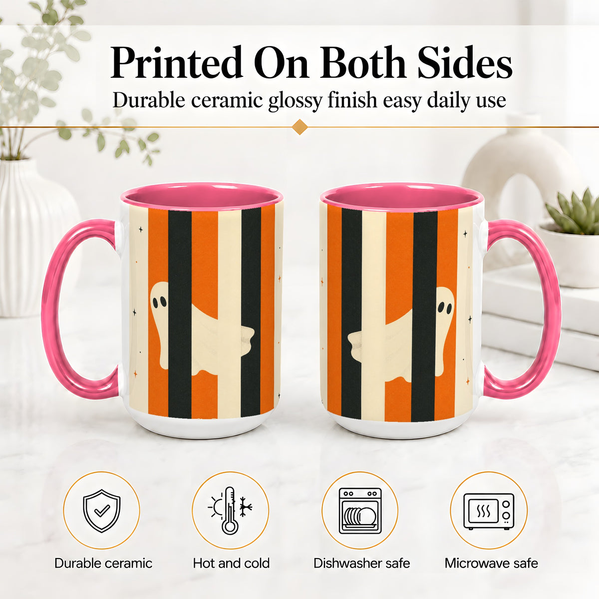 #pl[15oz|Pink] Retro Ghost Stripe Ceramic Mug, Orange Black Halloween Artwork