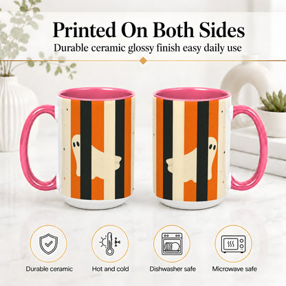 #pl[15oz|Pink] Retro Ghost Stripe Ceramic Mug, Orange Black Halloween Artwork