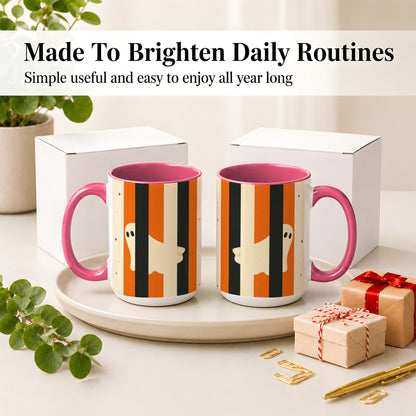 #pl[15oz|Pink] Retro Ghost Stripe Ceramic Mug, Orange Black Halloween Artwork