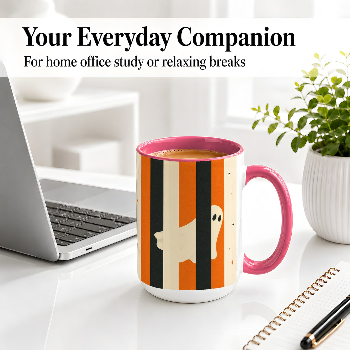 #pl[15oz|Pink] Retro Ghost Stripe Ceramic Mug, Orange Black Halloween Artwork