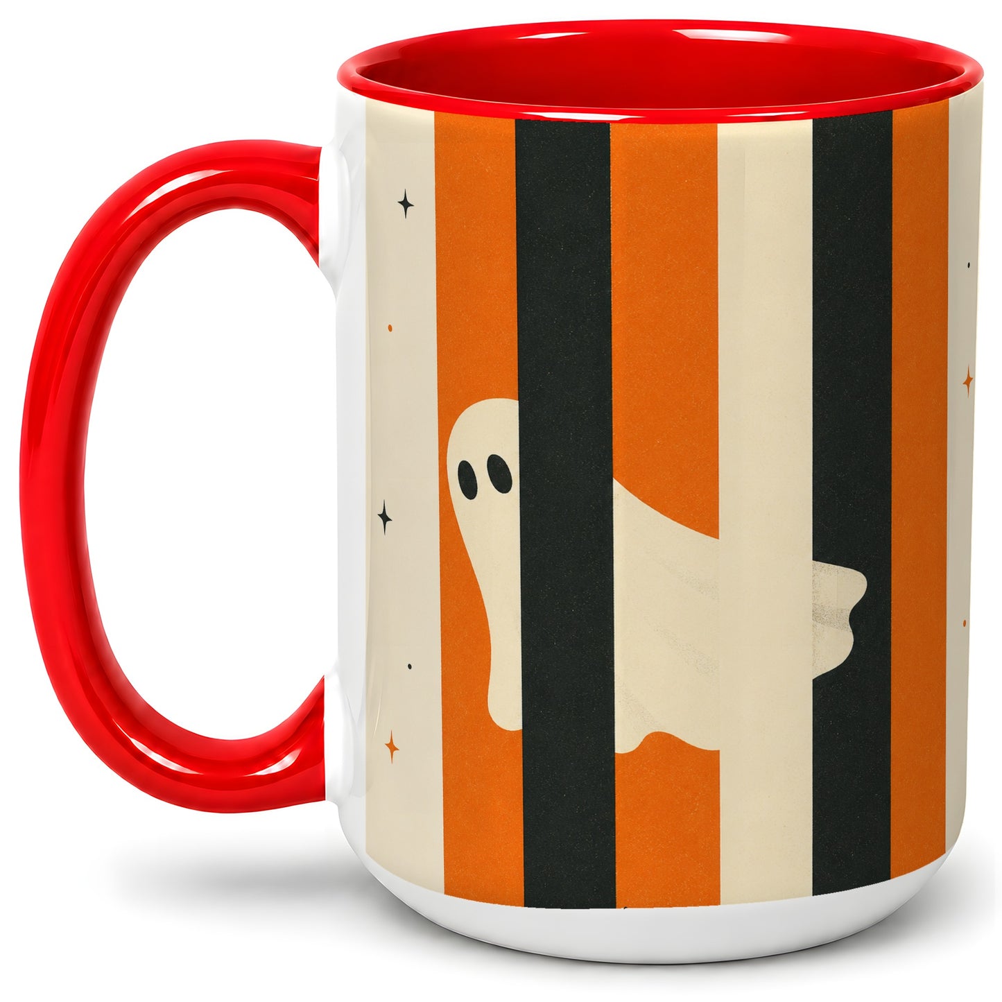 #pl[15oz|Red] Retro Ghost Stripe Ceramic Mug, Orange Black Halloween Artwork