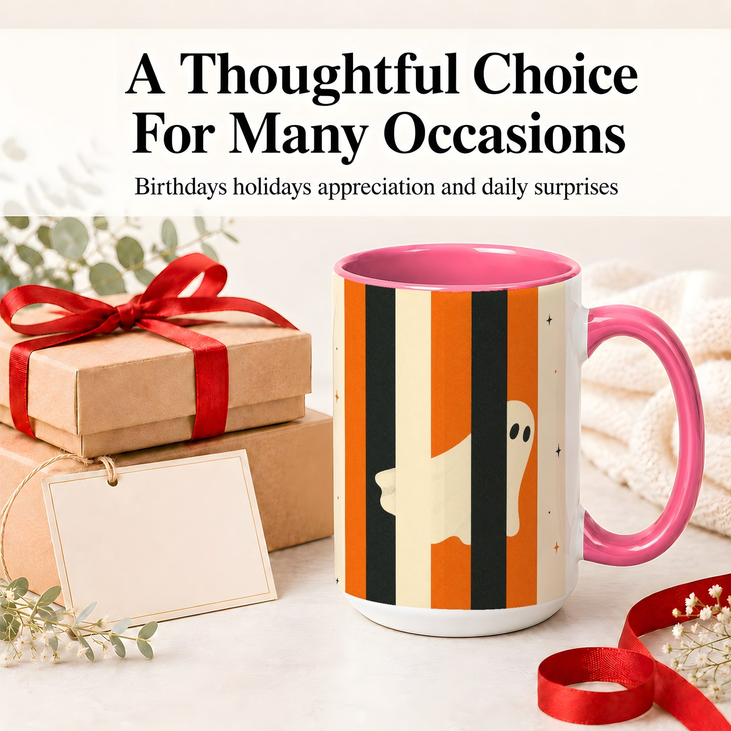 #pl[15oz|Pink] Retro Ghost Stripe Ceramic Mug, Orange Black Halloween Artwork
