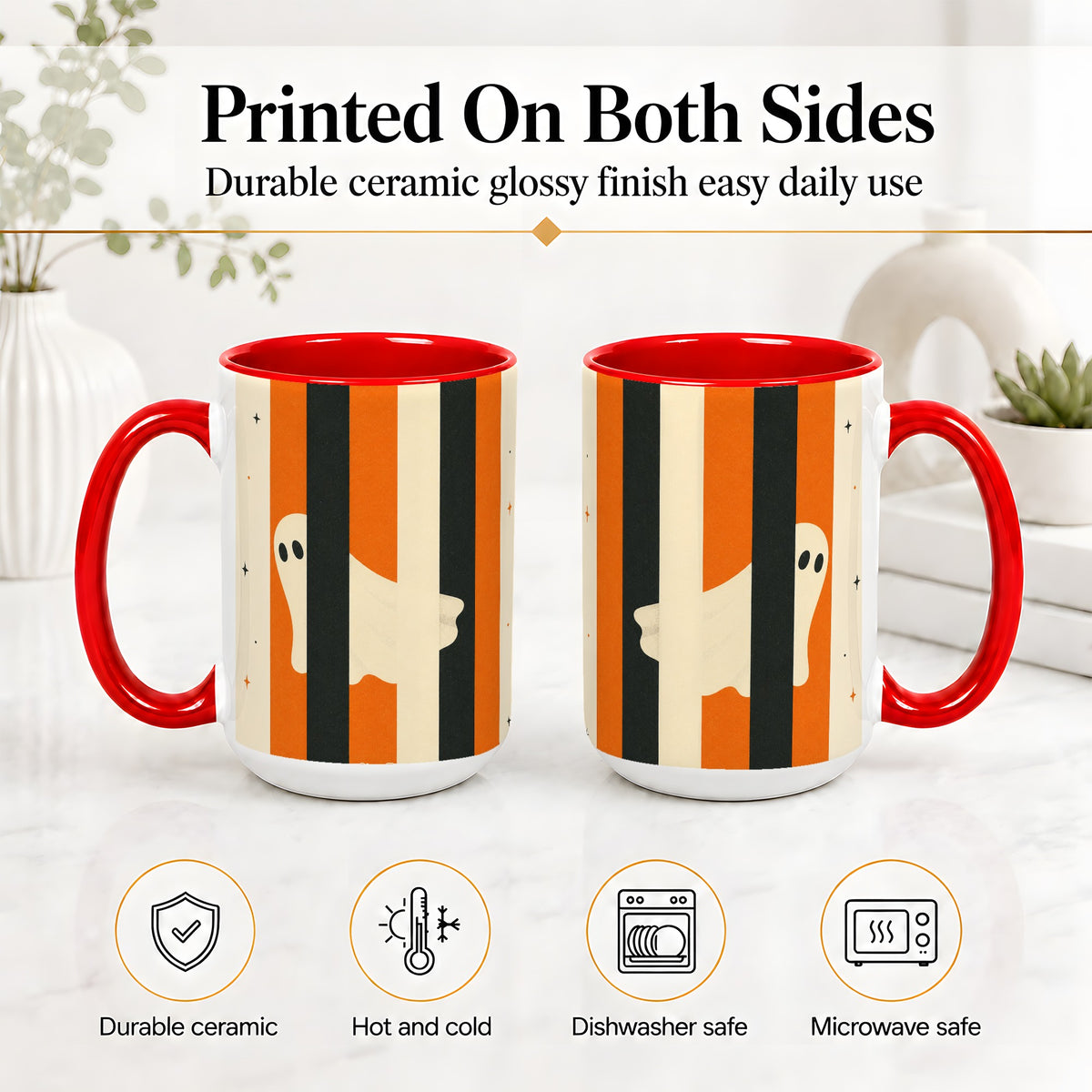#pl[15oz|Red] Retro Ghost Stripe Ceramic Mug, Orange Black Halloween Artwork