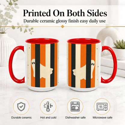 #pl[15oz|Red] Retro Ghost Stripe Ceramic Mug, Orange Black Halloween Artwork