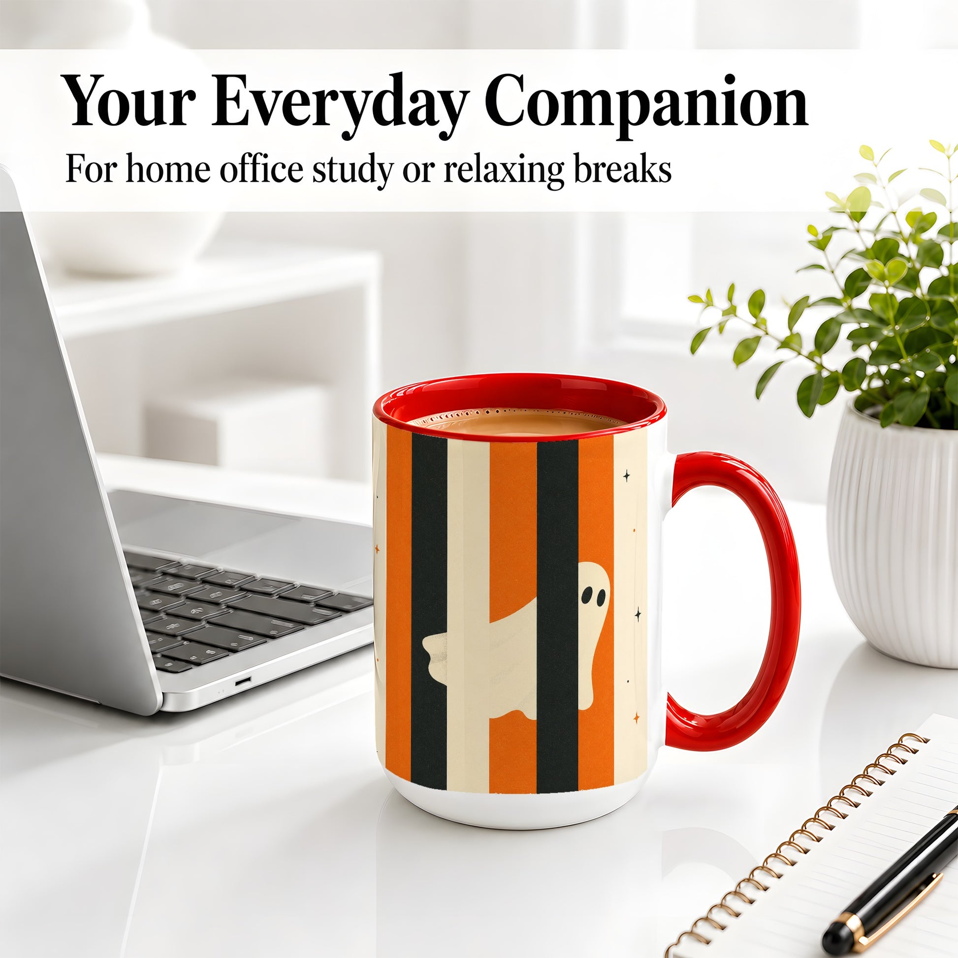 #pl[15oz|Red] Retro Ghost Stripe Ceramic Mug, Orange Black Halloween Artwork