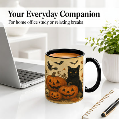 #pl[11oz|Black] Black Cat Pumpkin Ceramic Mug, Vintage Halloween Art for Cat Lovers