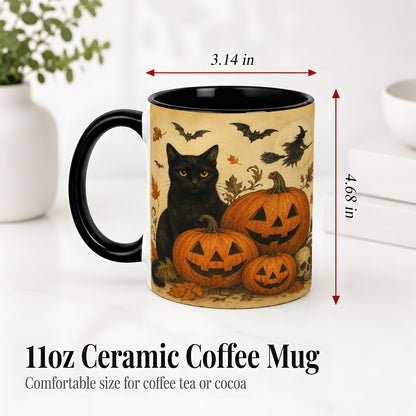 #pl[11oz|Black] Black Cat Pumpkin Ceramic Mug, Vintage Halloween Art for Cat Lovers
