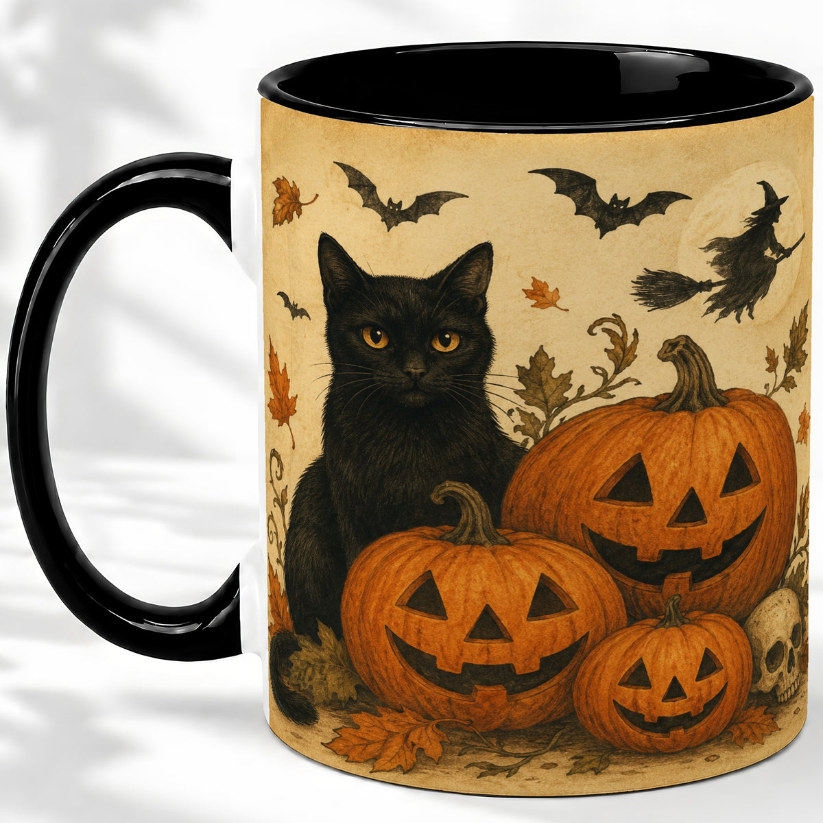#pl[11oz|Black] Black Cat Pumpkin Ceramic Mug, Vintage Halloween Art for Cat Lovers