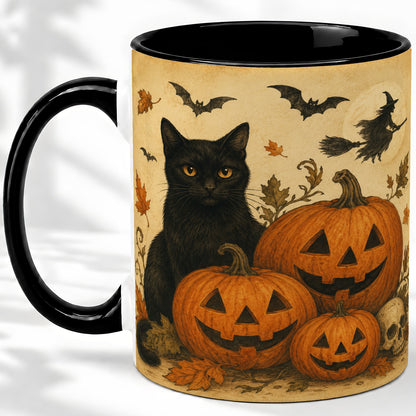 #pl[11oz|Black] Black Cat Pumpkin Ceramic Mug, Vintage Halloween Art for Cat Lovers