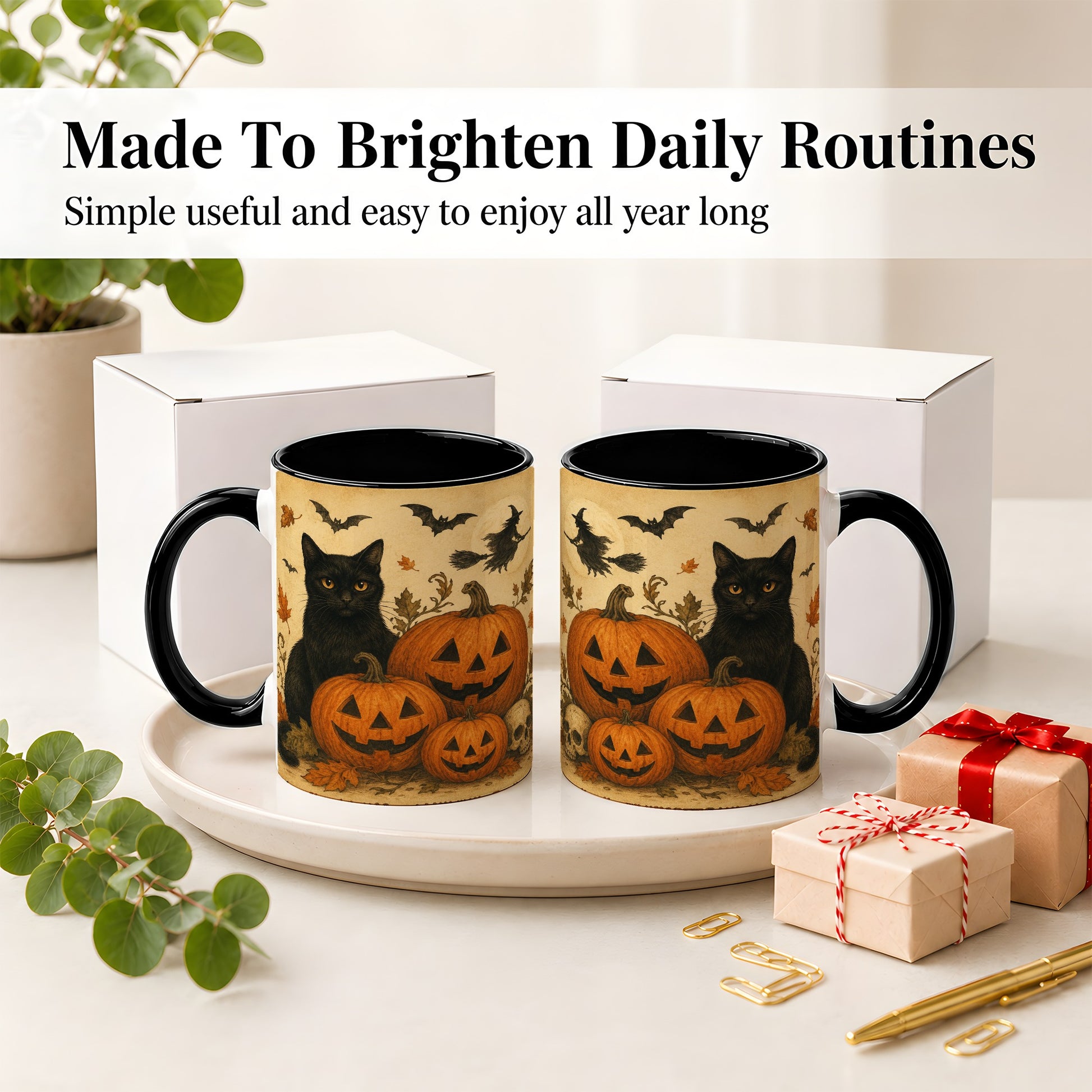 #pl[11oz|Black] Black Cat Pumpkin Ceramic Mug, Vintage Halloween Art for Cat Lovers