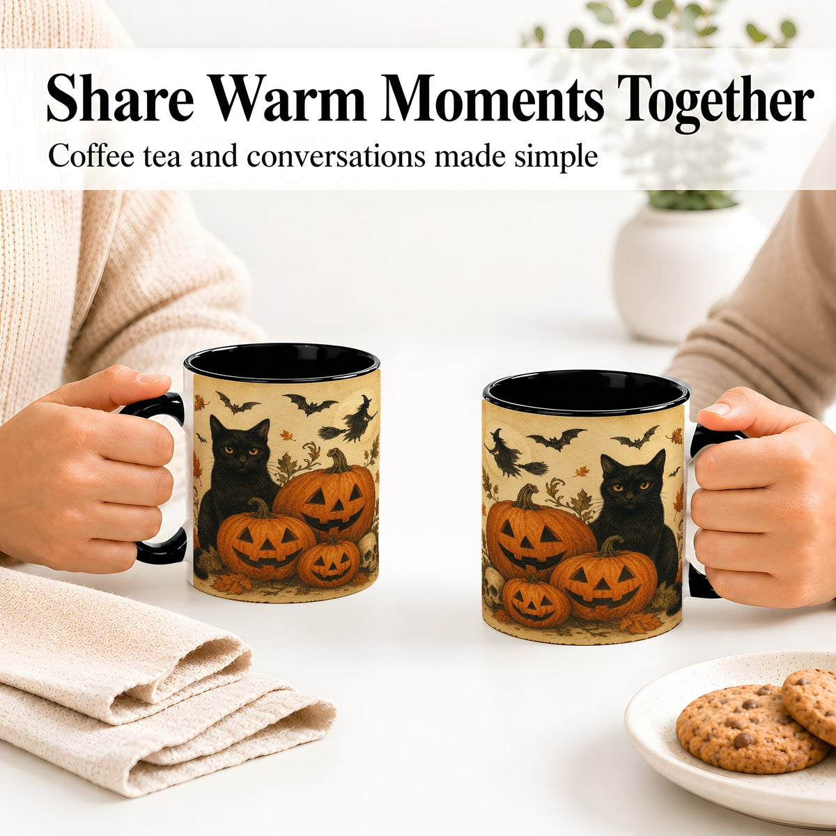 #pl[11oz|Black] Black Cat Pumpkin Ceramic Mug, Vintage Halloween Art for Cat Lovers