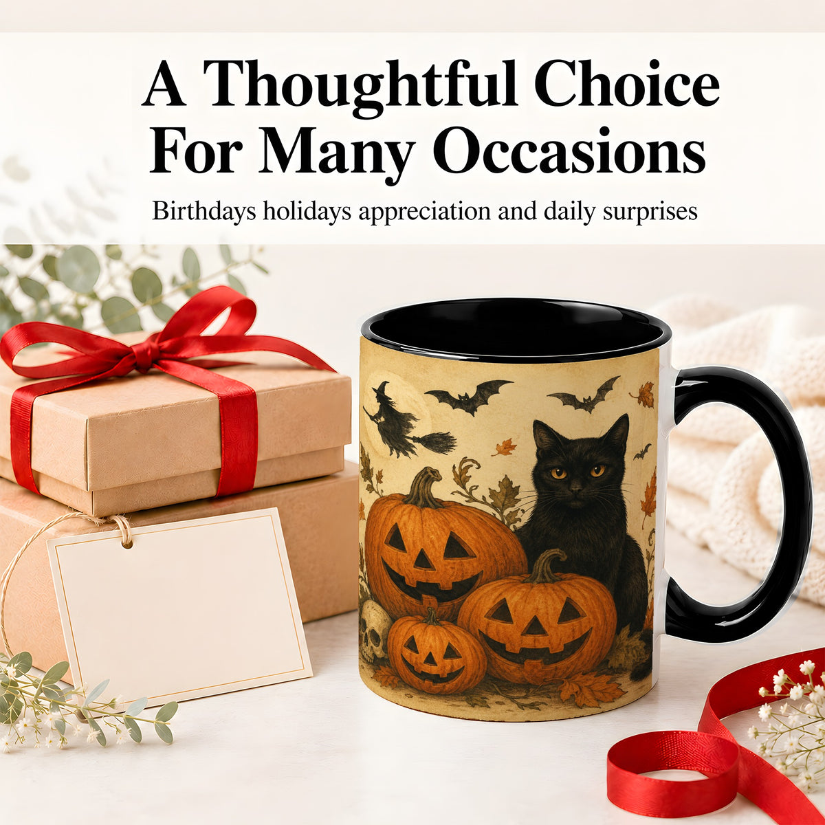 #pl[11oz|Black] Black Cat Pumpkin Ceramic Mug, Vintage Halloween Art for Cat Lovers