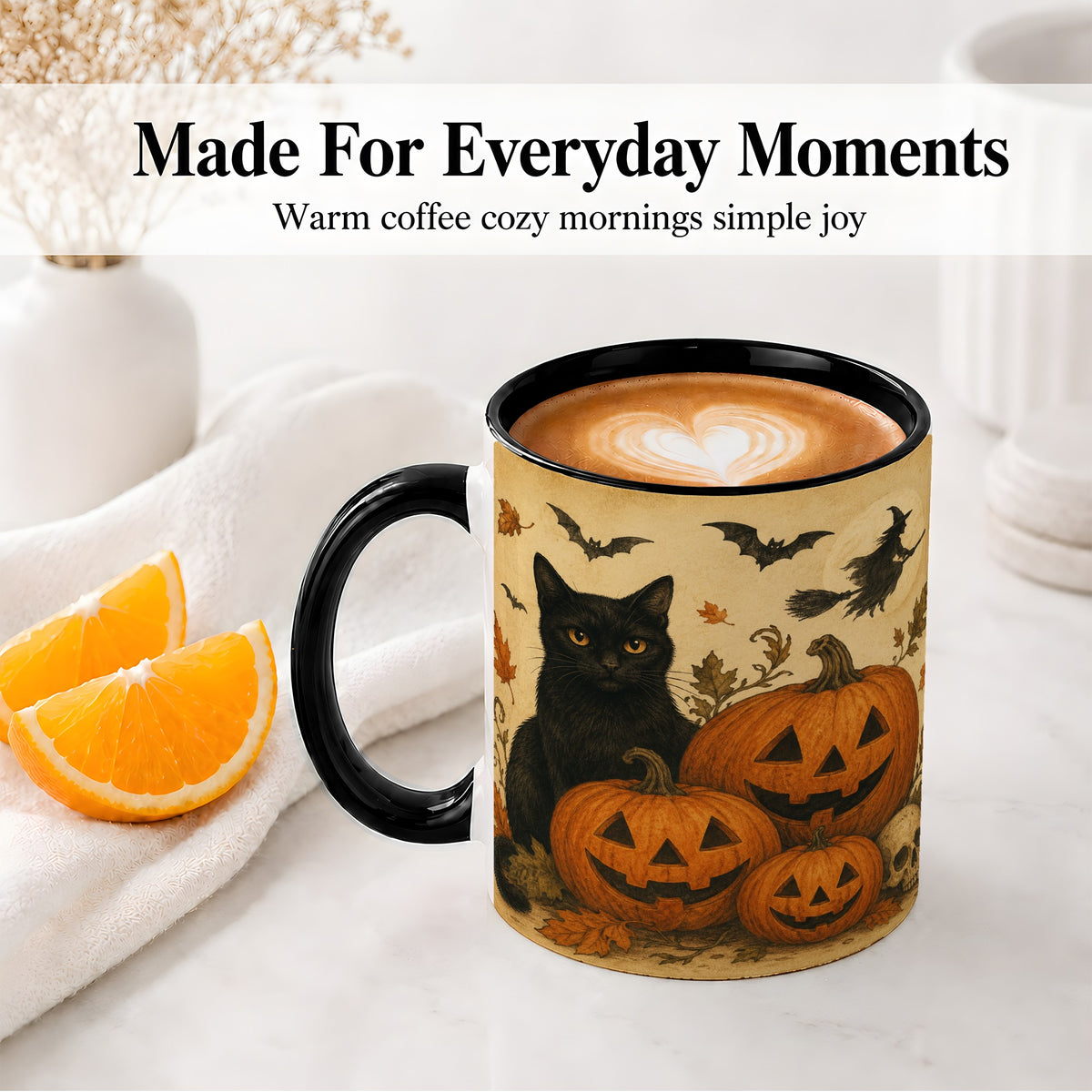 #pl[11oz|Black] Black Cat Pumpkin Ceramic Mug, Vintage Halloween Art for Cat Lovers