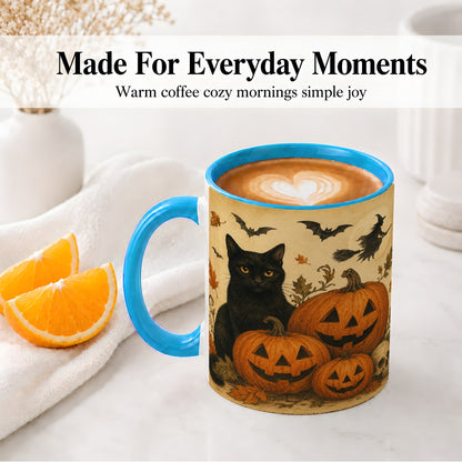 #pl[11oz|Blue] Black Cat Pumpkin Ceramic Mug, Vintage Halloween Art for Cat Lovers