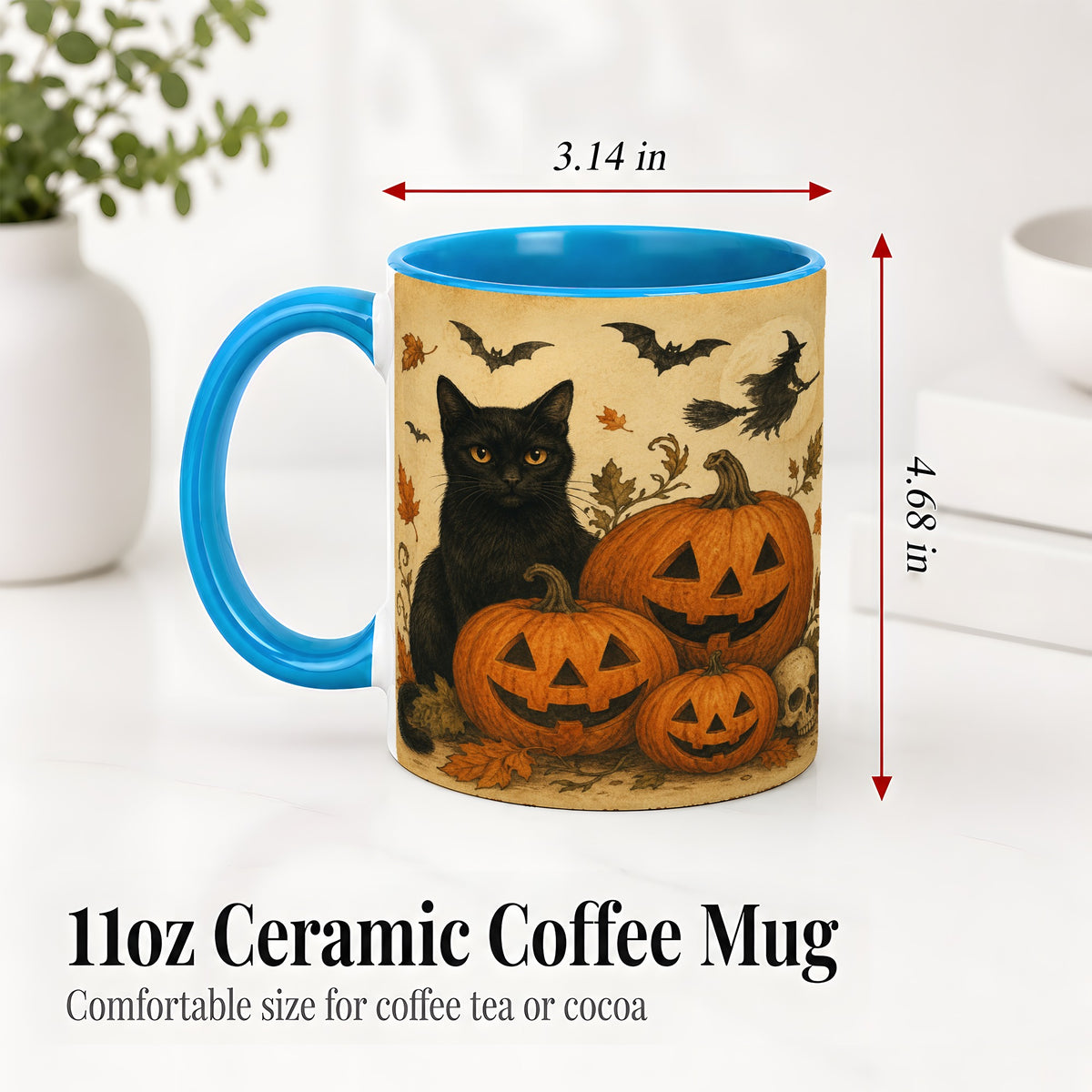 #pl[11oz|Blue] Black Cat Pumpkin Ceramic Mug, Vintage Halloween Art for Cat Lovers