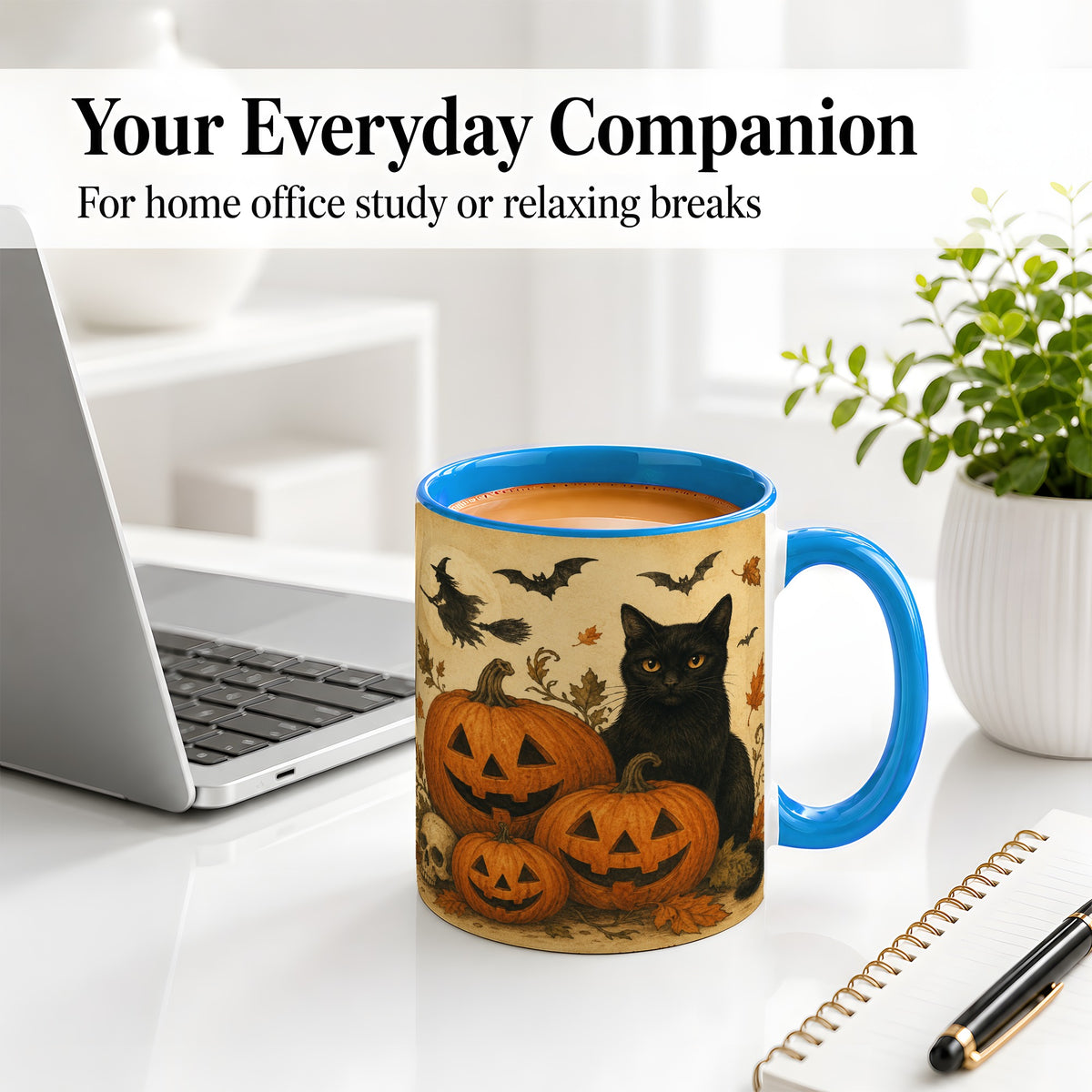 #pl[11oz|Blue] Black Cat Pumpkin Ceramic Mug, Vintage Halloween Art for Cat Lovers