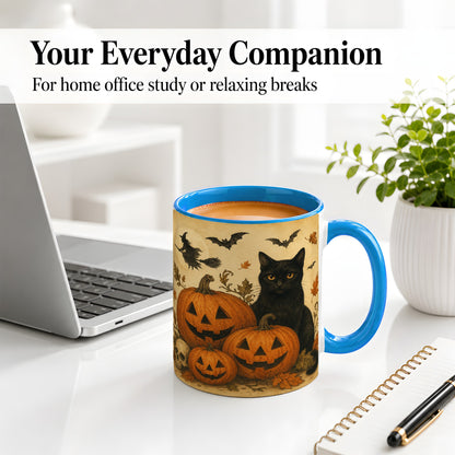 #pl[11oz|Blue] Black Cat Pumpkin Ceramic Mug, Vintage Halloween Art for Cat Lovers