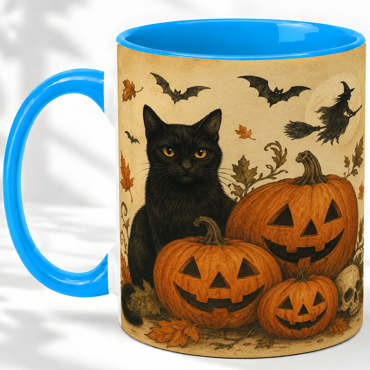 #pl[11oz|Blue] Black Cat Pumpkin Ceramic Mug, Vintage Halloween Art for Cat Lovers
