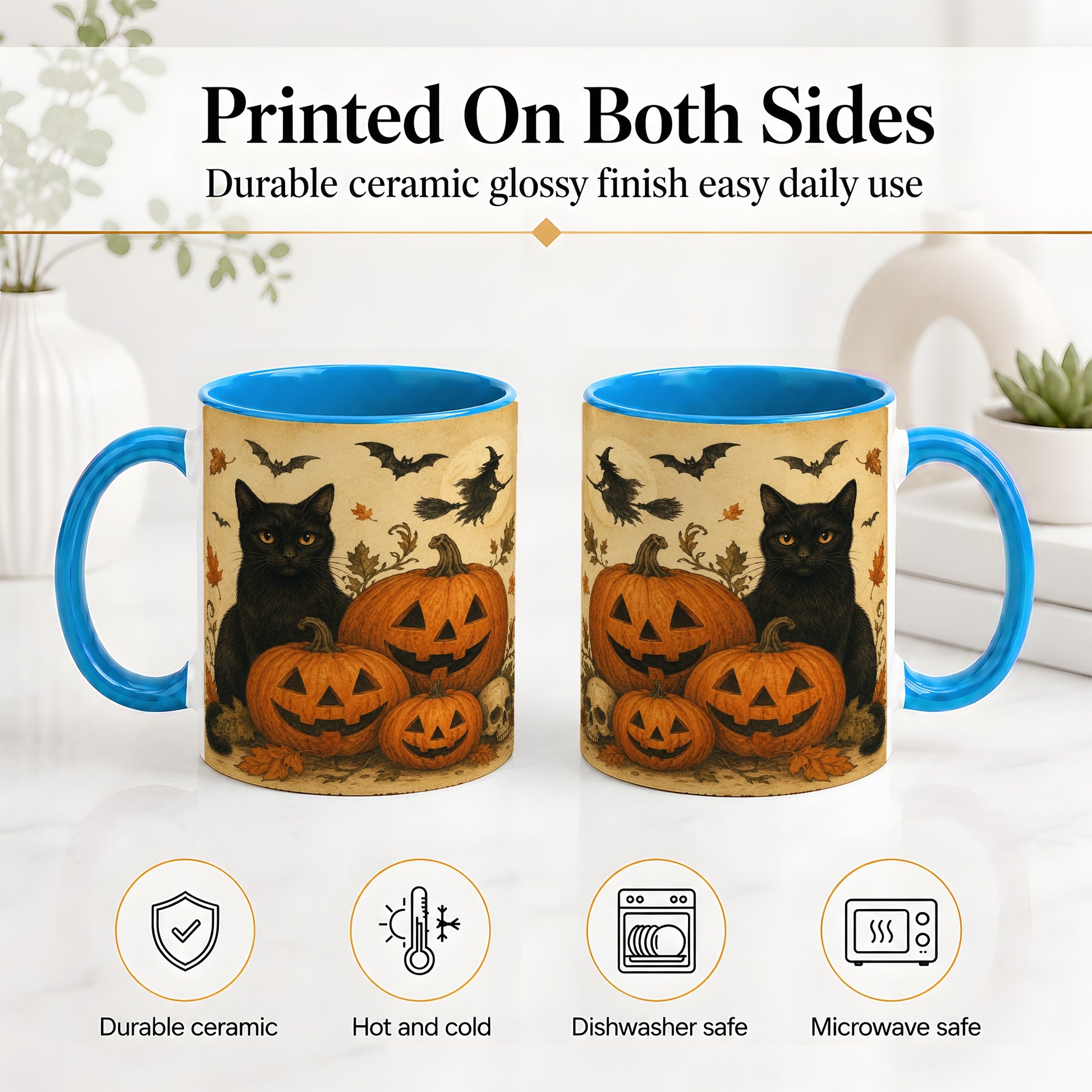 #pl[11oz|Blue] Black Cat Pumpkin Ceramic Mug, Vintage Halloween Art for Cat Lovers