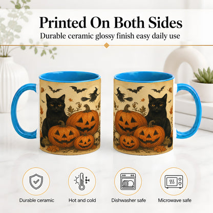#pl[11oz|Blue] Black Cat Pumpkin Ceramic Mug, Vintage Halloween Art for Cat Lovers