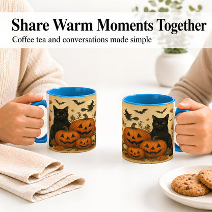 #pl[11oz|Blue] Black Cat Pumpkin Ceramic Mug, Vintage Halloween Art for Cat Lovers