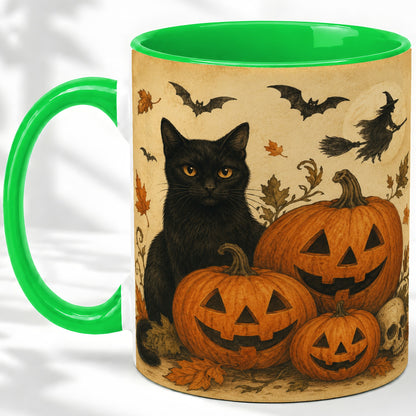 #pl[11oz|Green] Black Cat Pumpkin Ceramic Mug, Vintage Halloween Art for Cat Lovers