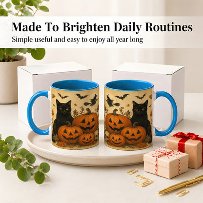 #pl[11oz|Blue] Black Cat Pumpkin Ceramic Mug, Vintage Halloween Art for Cat Lovers