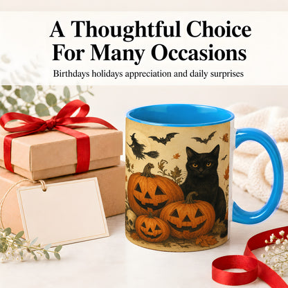 #pl[11oz|Blue] Black Cat Pumpkin Ceramic Mug, Vintage Halloween Art for Cat Lovers