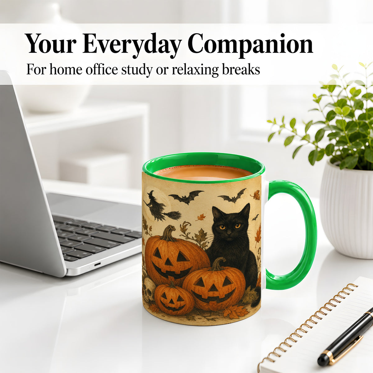 #pl[11oz|Green] Black Cat Pumpkin Ceramic Mug, Vintage Halloween Art for Cat Lovers