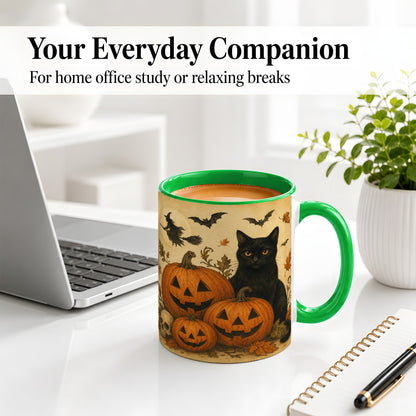 #pl[11oz|Green] Black Cat Pumpkin Ceramic Mug, Vintage Halloween Art for Cat Lovers