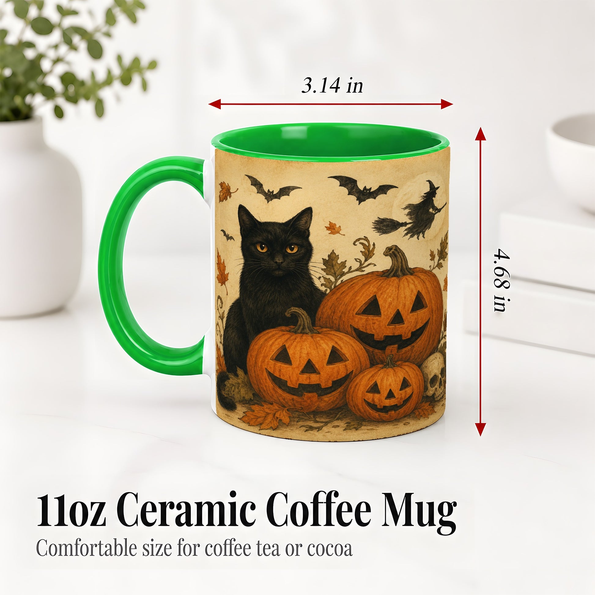 #pl[11oz|Green] Black Cat Pumpkin Ceramic Mug, Vintage Halloween Art for Cat Lovers
