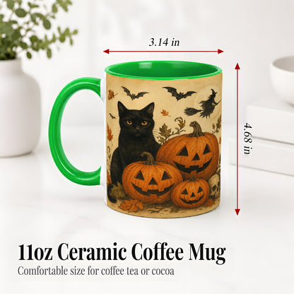 #pl[11oz|Green] Black Cat Pumpkin Ceramic Mug, Vintage Halloween Art for Cat Lovers