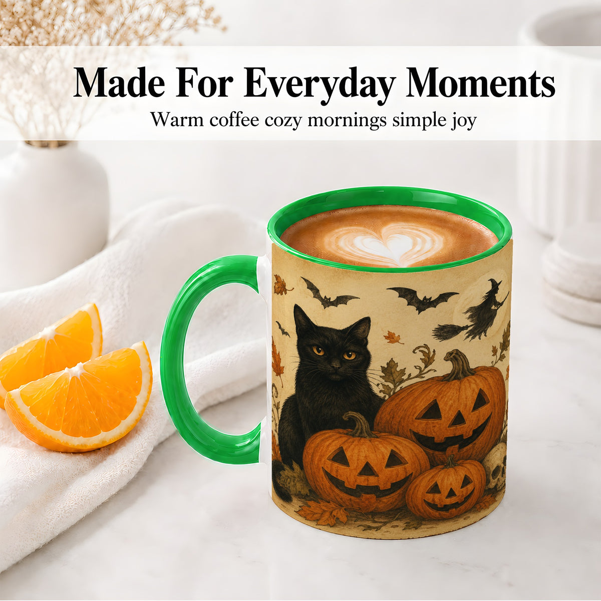 #pl[11oz|Green] Black Cat Pumpkin Ceramic Mug, Vintage Halloween Art for Cat Lovers