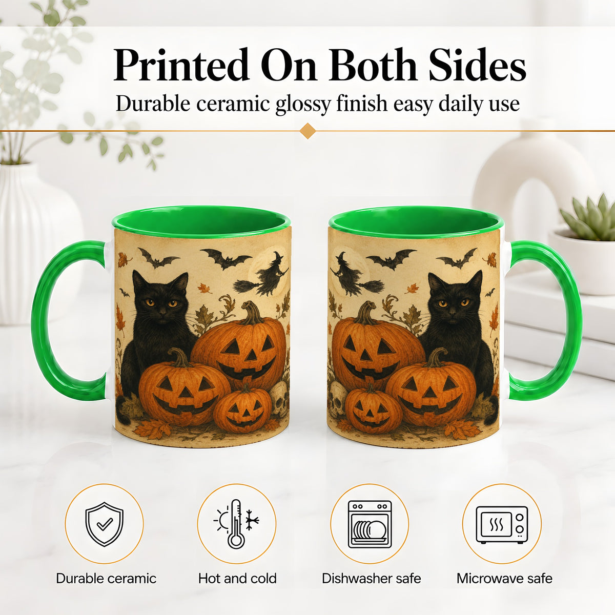 #pl[11oz|Green] Black Cat Pumpkin Ceramic Mug, Vintage Halloween Art for Cat Lovers