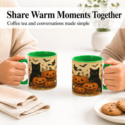 #pl[11oz|Green] Black Cat Pumpkin Ceramic Mug, Vintage Halloween Art for Cat Lovers