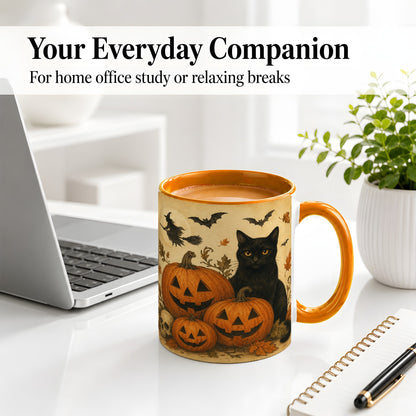 #pl[11oz|Orange] Black Cat Pumpkin Ceramic Mug, Vintage Halloween Art for Cat Lovers