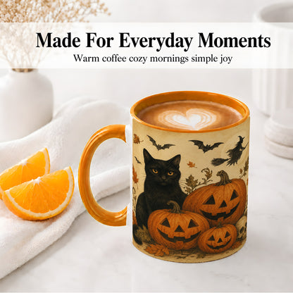 #pl[11oz|Orange] Black Cat Pumpkin Ceramic Mug, Vintage Halloween Art for Cat Lovers
